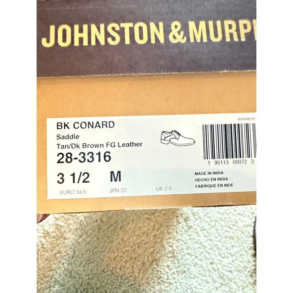 Johnston & Murphy Boys BK Conard Saddle Leather Oxford Shoes 3.5M Tan Brown